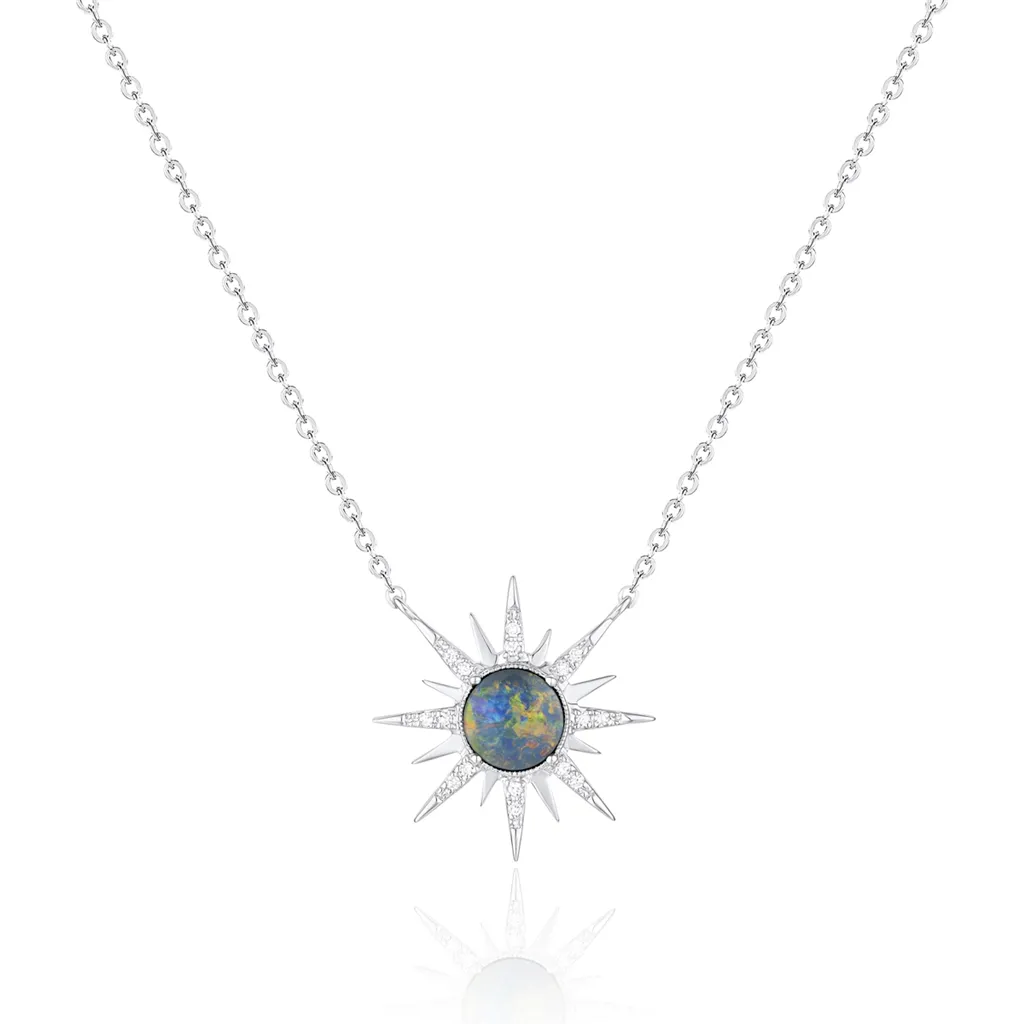 14K White Gold Opal And Diamond Sunburst Necklace