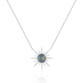 14K White Gold Opal And Diamond Sunburst Necklace