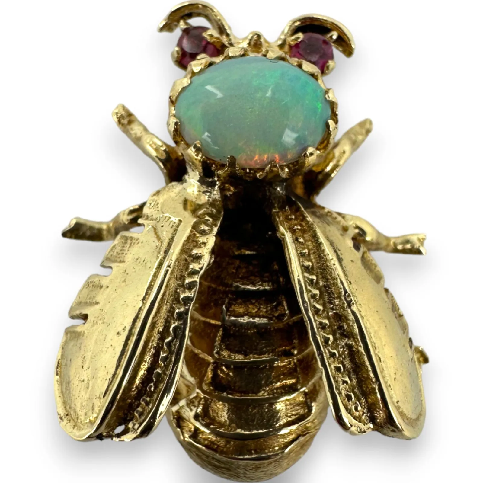 1910-30s Antique Bee Brooch Pin with Cabochon Opal and Ruby Eyes Solid 14k Yellow Gold