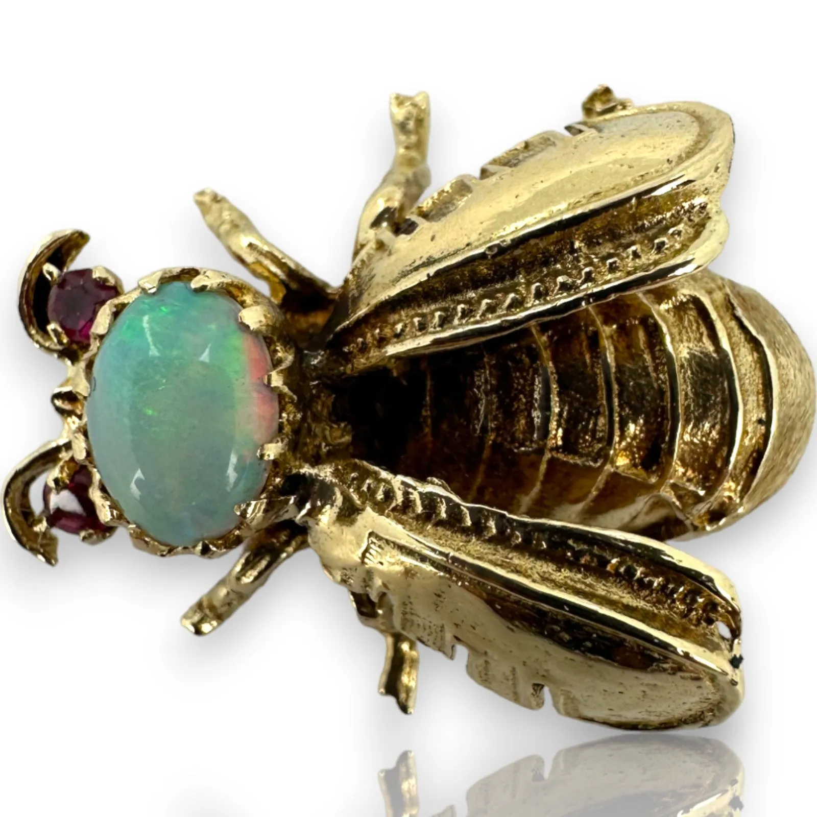 1910-30s Antique Bee Brooch Pin with Cabochon Opal and Ruby Eyes Solid 14k Yellow Gold