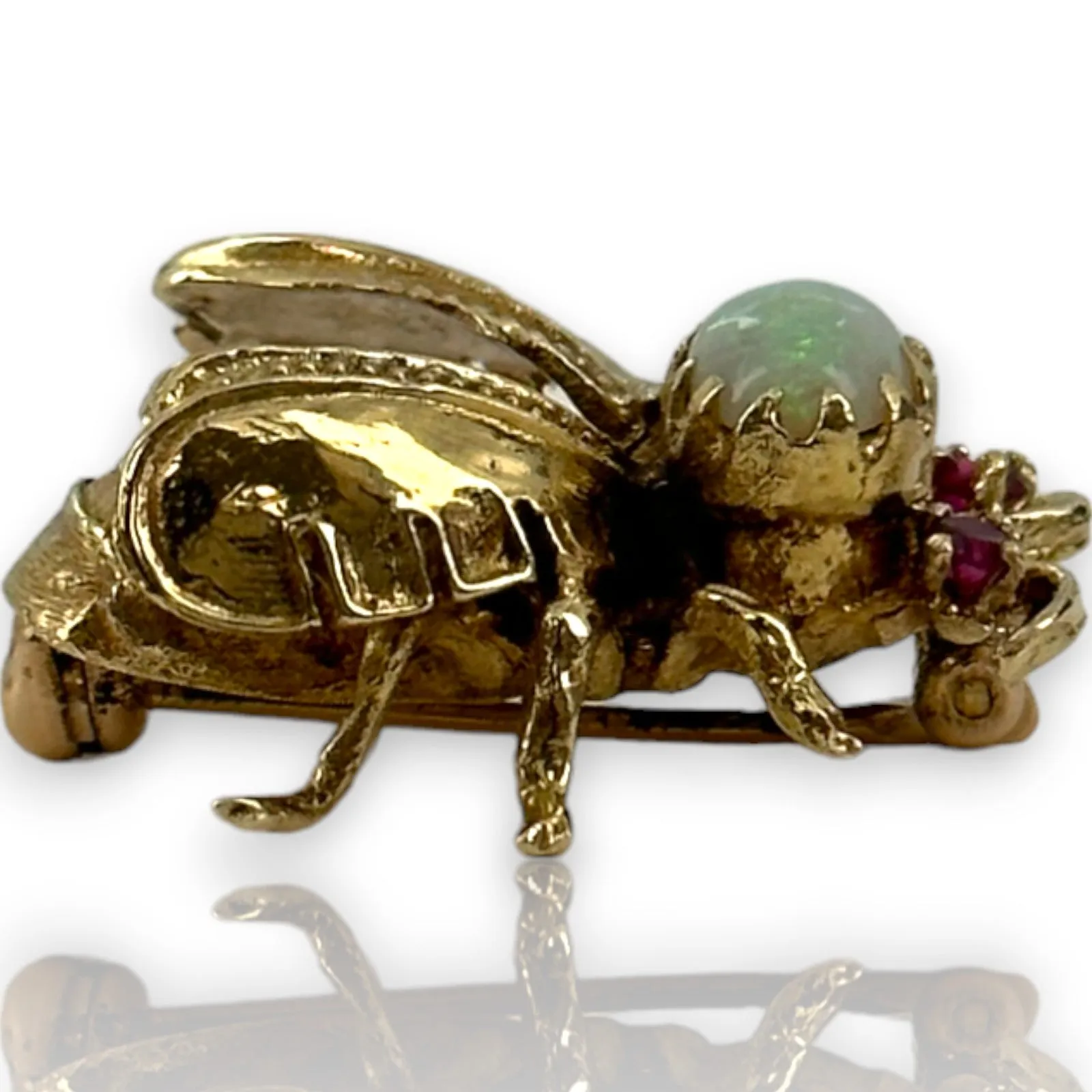 1910-30s Antique Bee Brooch Pin with Cabochon Opal and Ruby Eyes Solid 14k Yellow Gold