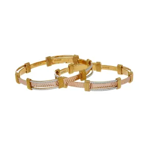 22K Multi Tone Gold Laser Bangles Set of 2 W/ Faceted Belted Design