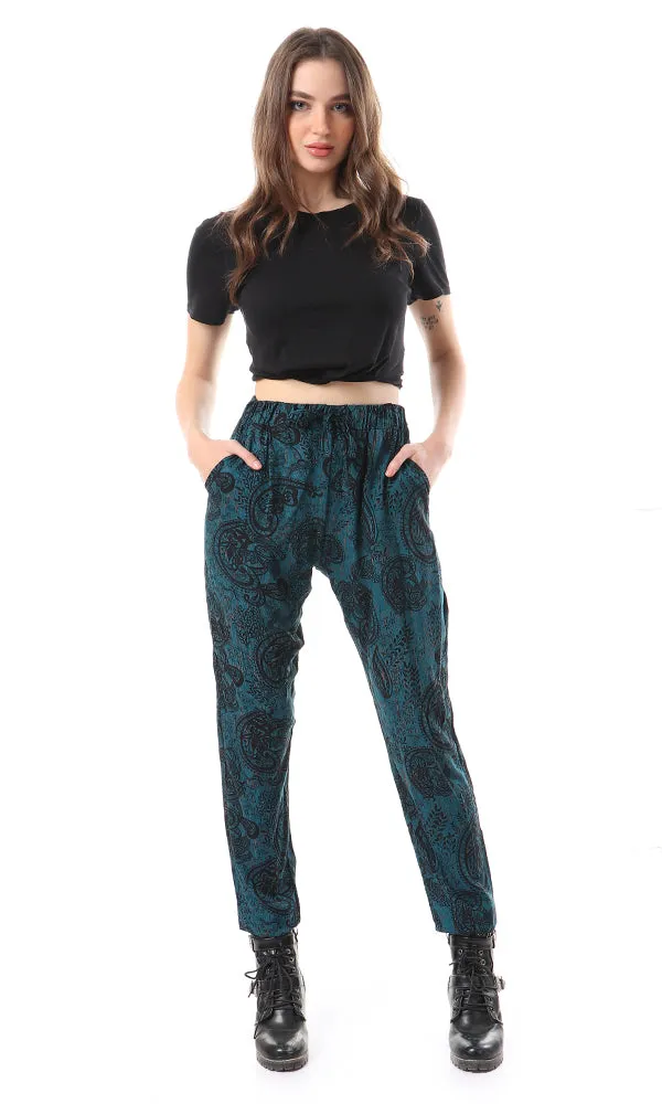 57905 Elastic Waist With Drawstring Summer Pants - Teal Green