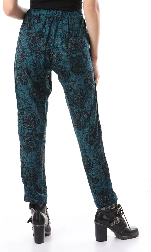 57905 Elastic Waist With Drawstring Summer Pants - Teal Green