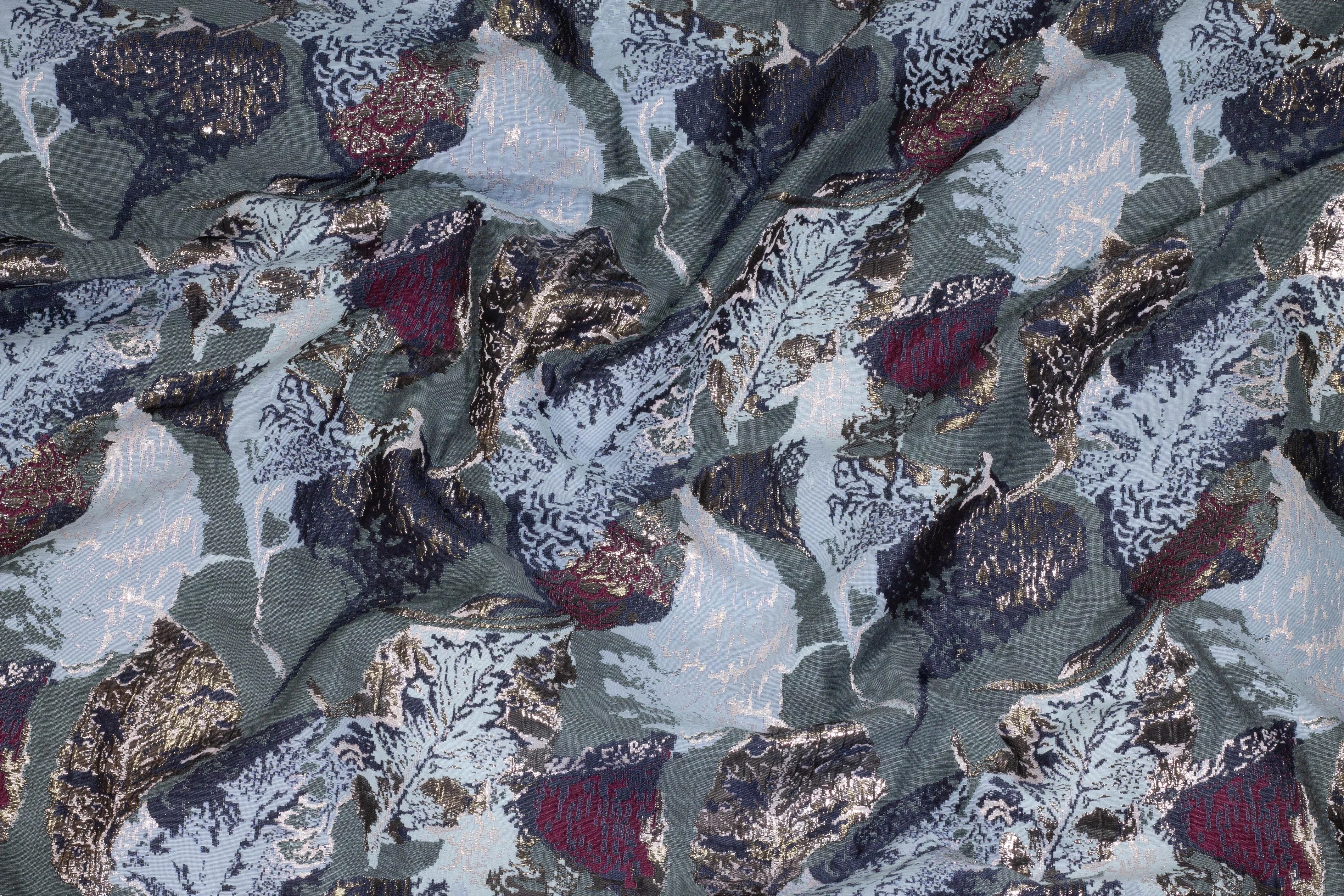 Abstract Metallic Brocade - Blue / Gray / Burgundy