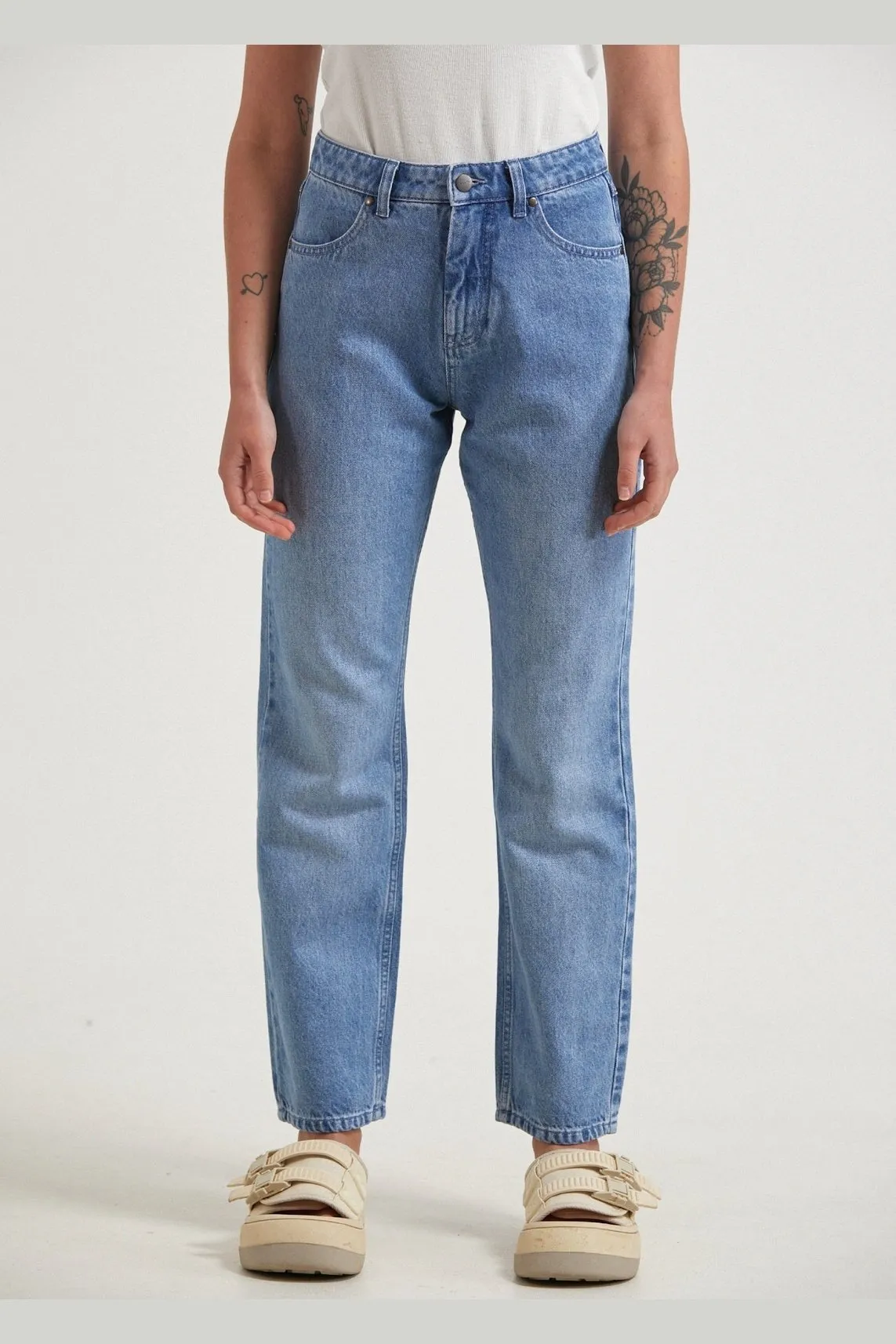 Afends violet- hemp denim straight leg jean - worn blue hemp denim straight leg jean worn blue