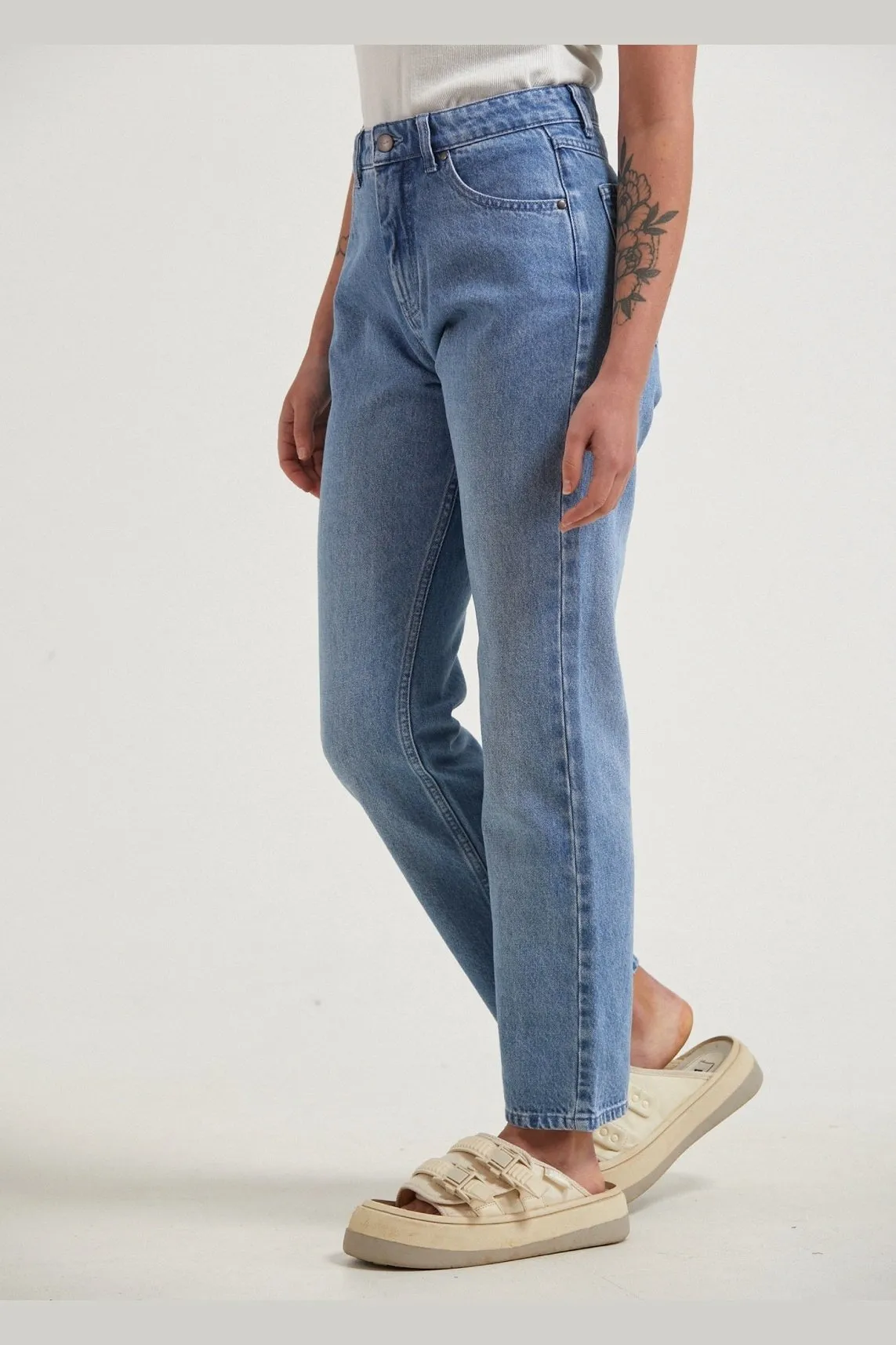 Afends violet- hemp denim straight leg jean - worn blue hemp denim straight leg jean worn blue