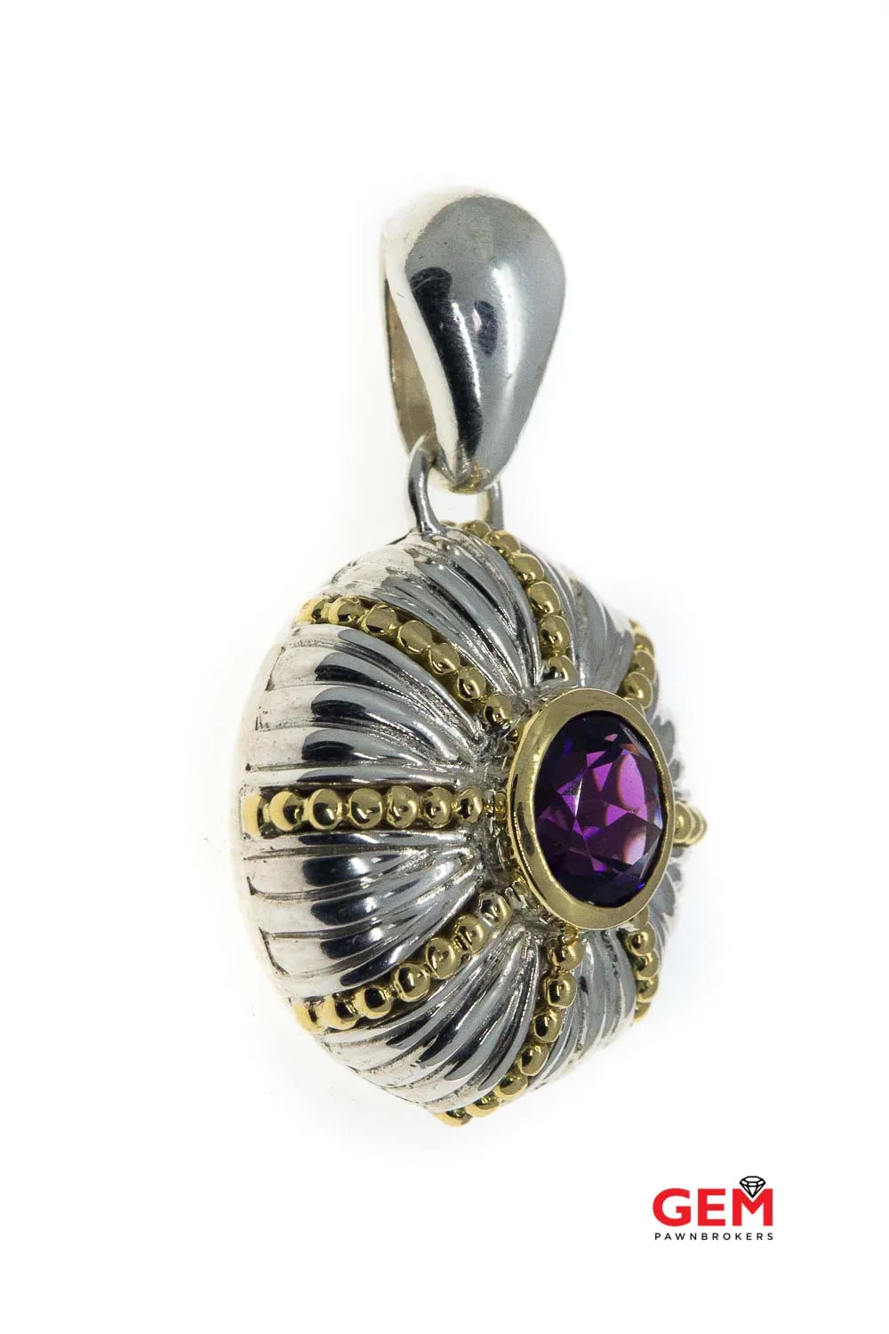 Amethyst Shield Medallion Carved & Beaded Accent Drop Charm 925 Sterling 18K 750 Yellow Gold Pendant