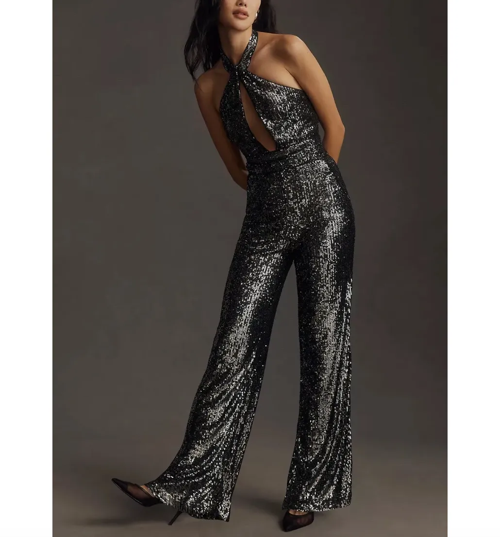 Anthropologie Maeve Sequin Cut-Out Halter Wide-Leg JumpsuitUK 14