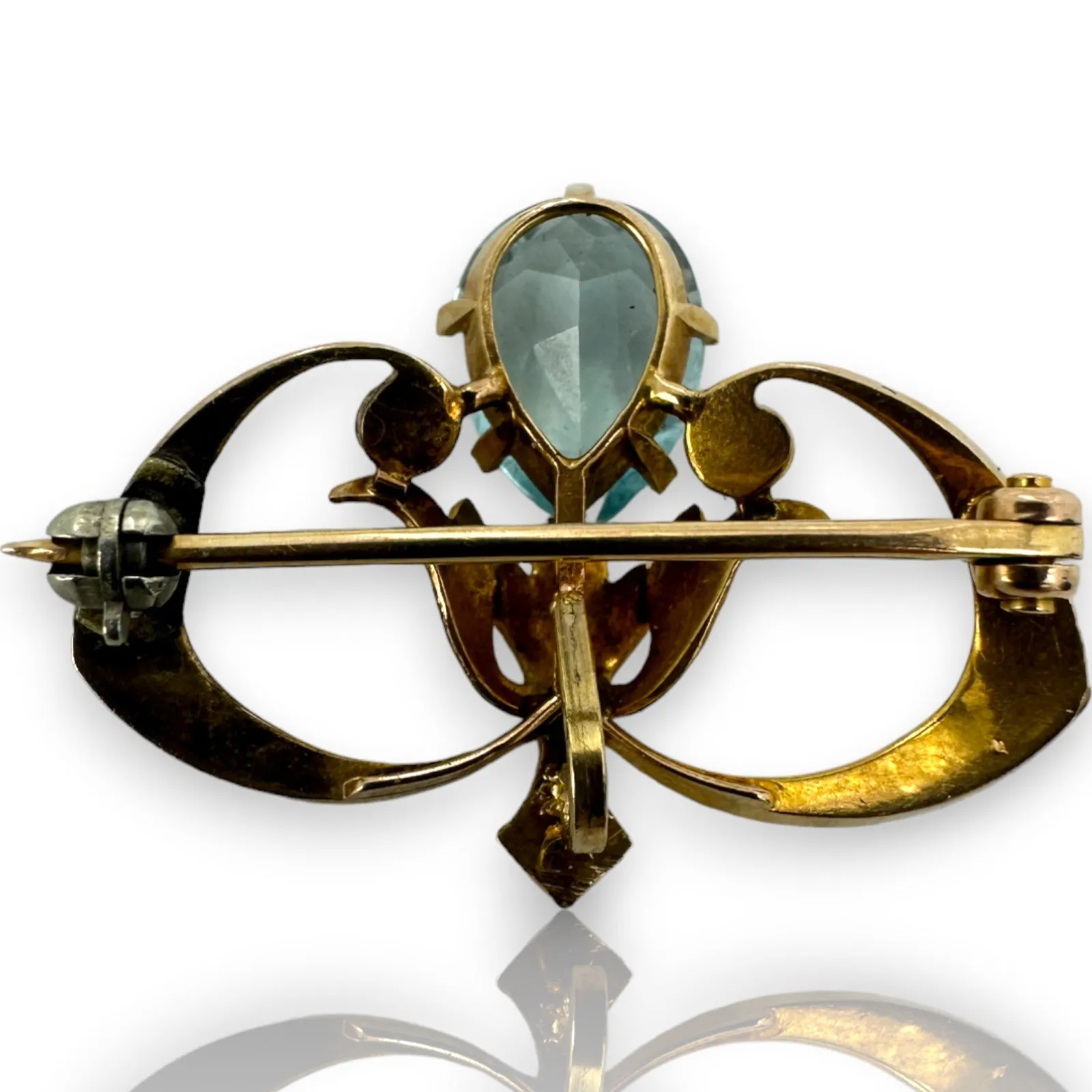 Antique Art Nouveau Aquamarine & Seed Pearl 14kt Gold Enamel Krementz & Co Pendant/Brooch