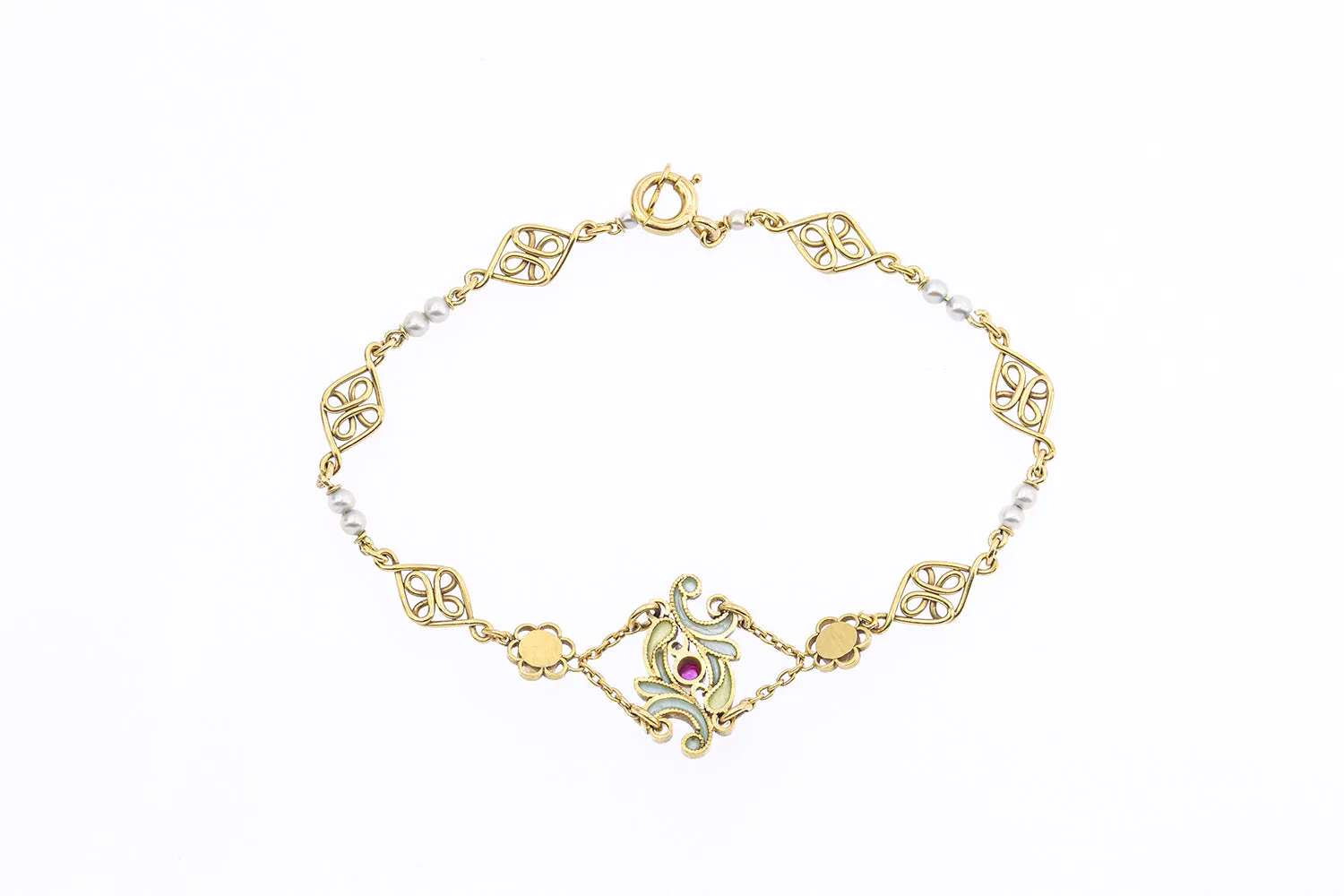 Antique French Pearl & Tourmaline Plque a Jour 18K 750 Yellow Gold Floral Bracelet