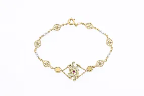 Antique French Pearl & Tourmaline Plque a Jour 18K 750 Yellow Gold Floral Bracelet