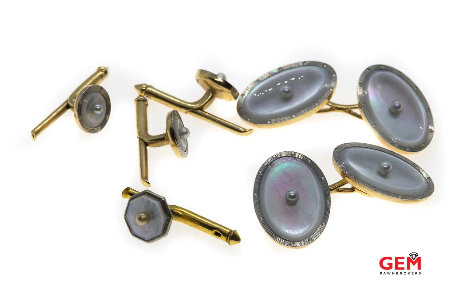 Antique Mother Of Pearl Seed Pearl Cufflink & Button 14k & Platinum Tuxedo French Cuff Dress Cufflinks