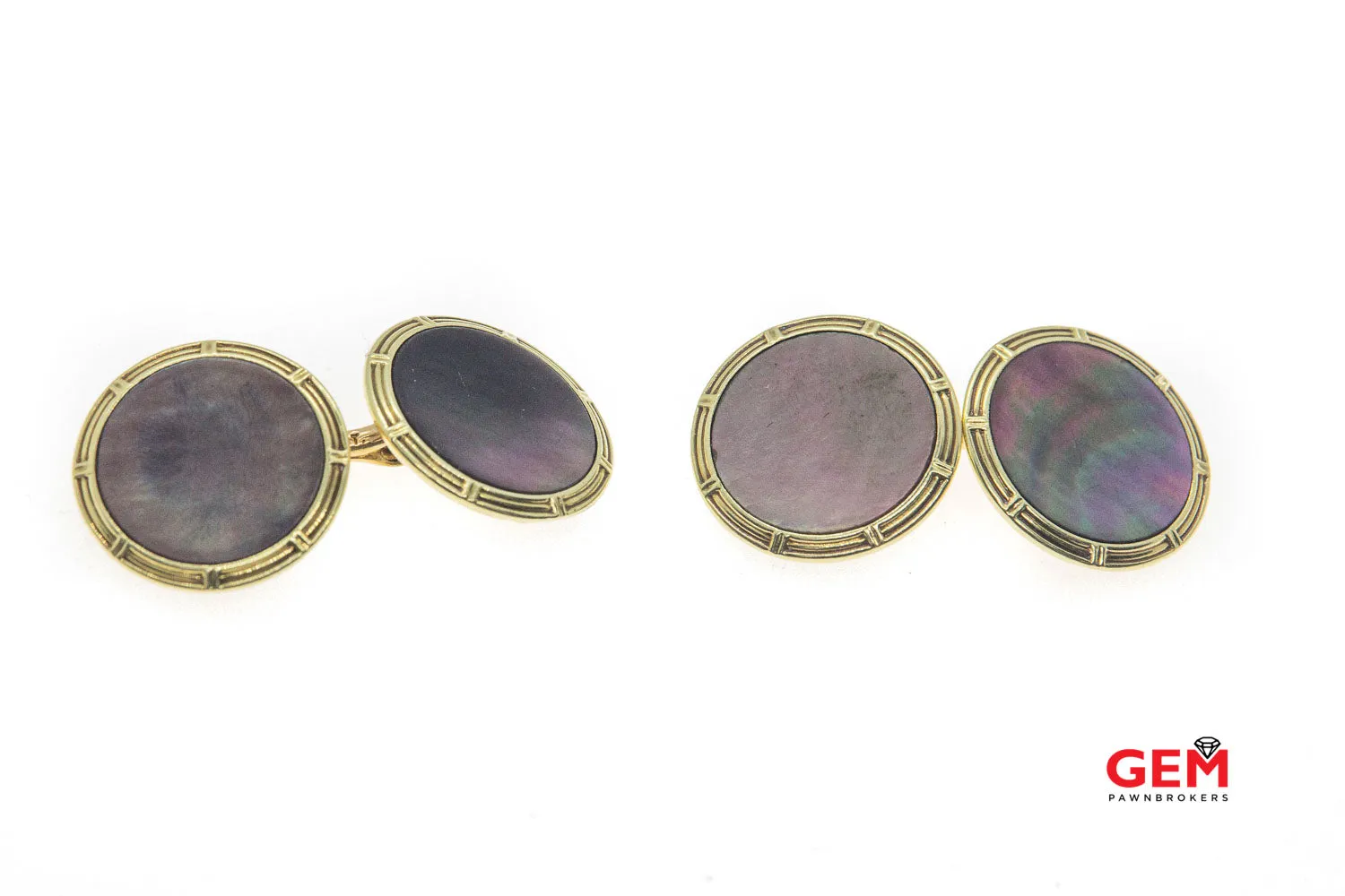 Antique Tahitian Pearl Button 14k 585 Yellow Gold Tuxedo French Cuff Dress Cufflinks