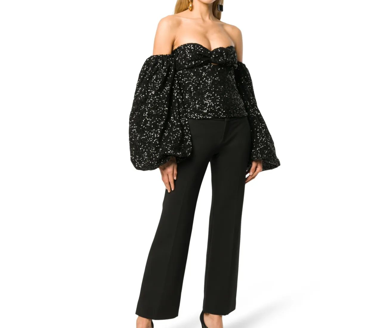 Attico Black Sequin Off-Shoulder Ballon Sleeve Top UK 10