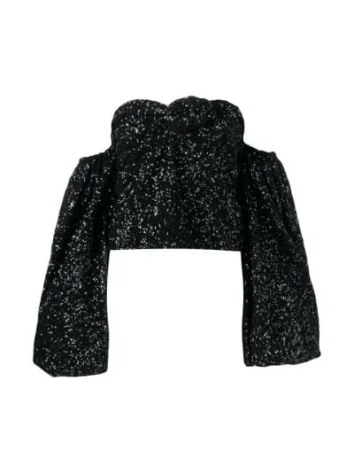 Attico Black Sequin Off-Shoulder Ballon Sleeve Top UK 10