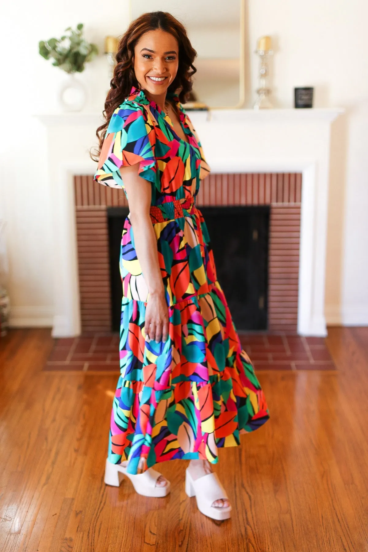 Be Bold Multicolor Abstract Tropical Print Smocked Waist Maxi Dress