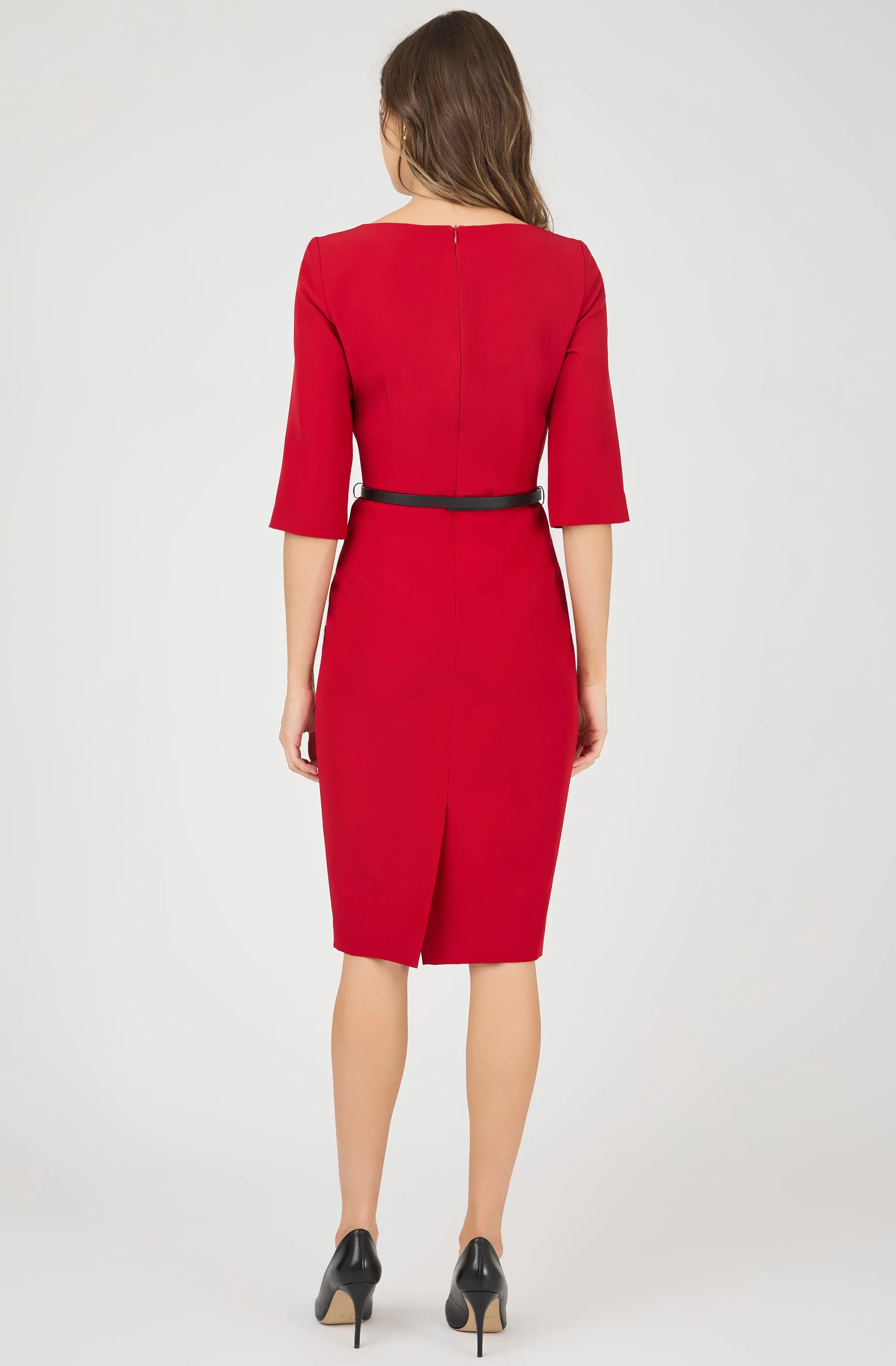 Belted Fitted Dress with 3/4 Sleeves