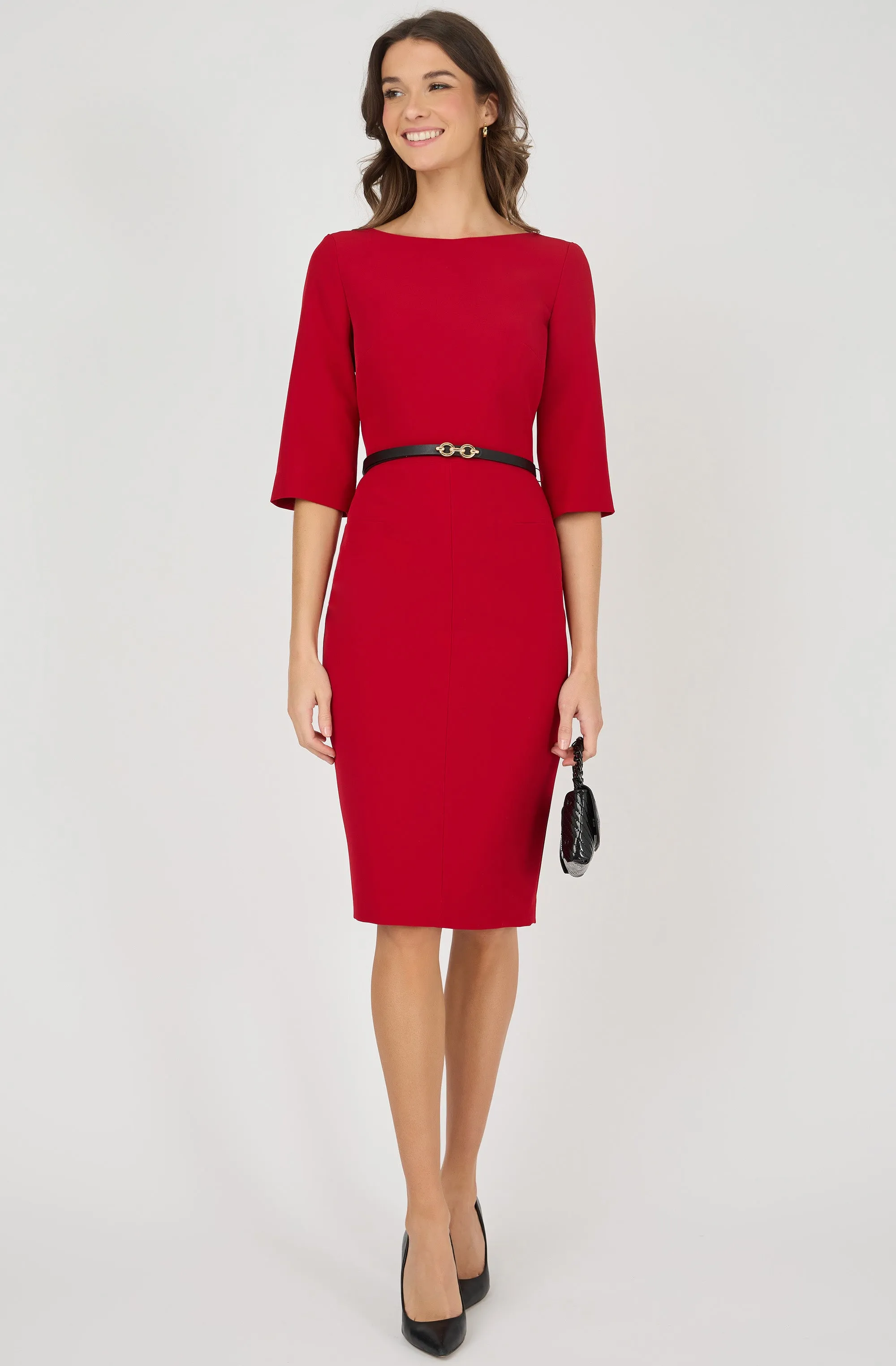 Belted Fitted Dress with 3/4 Sleeves