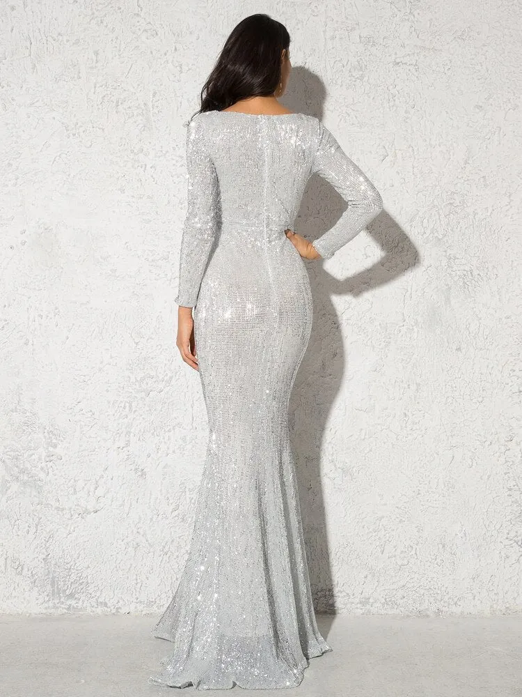 BerriesJam - 2024 Shiny Silver Long Sleeve Maxi Prom Wedding Evening Dress