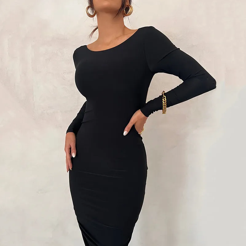 BerriesJam - Backless Long Sleeve O Neck Folds Evening Party Dress