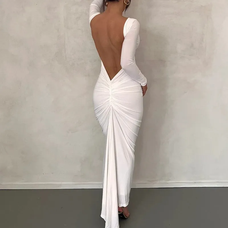 BerriesJam - Backless Long Sleeve O Neck Folds Evening Party Dress