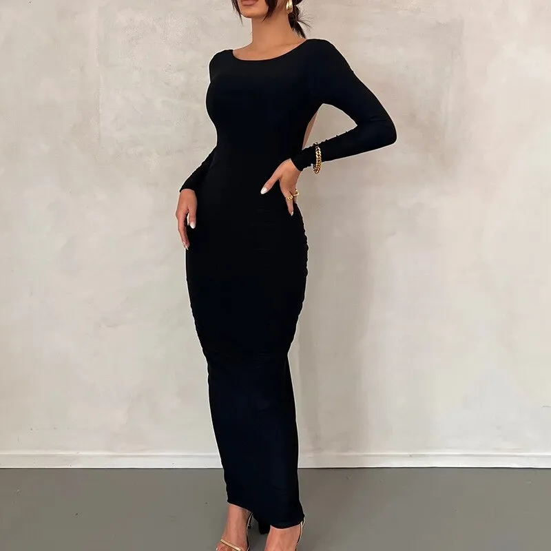 BerriesJam - Backless Long Sleeve O Neck Folds Evening Party Dress