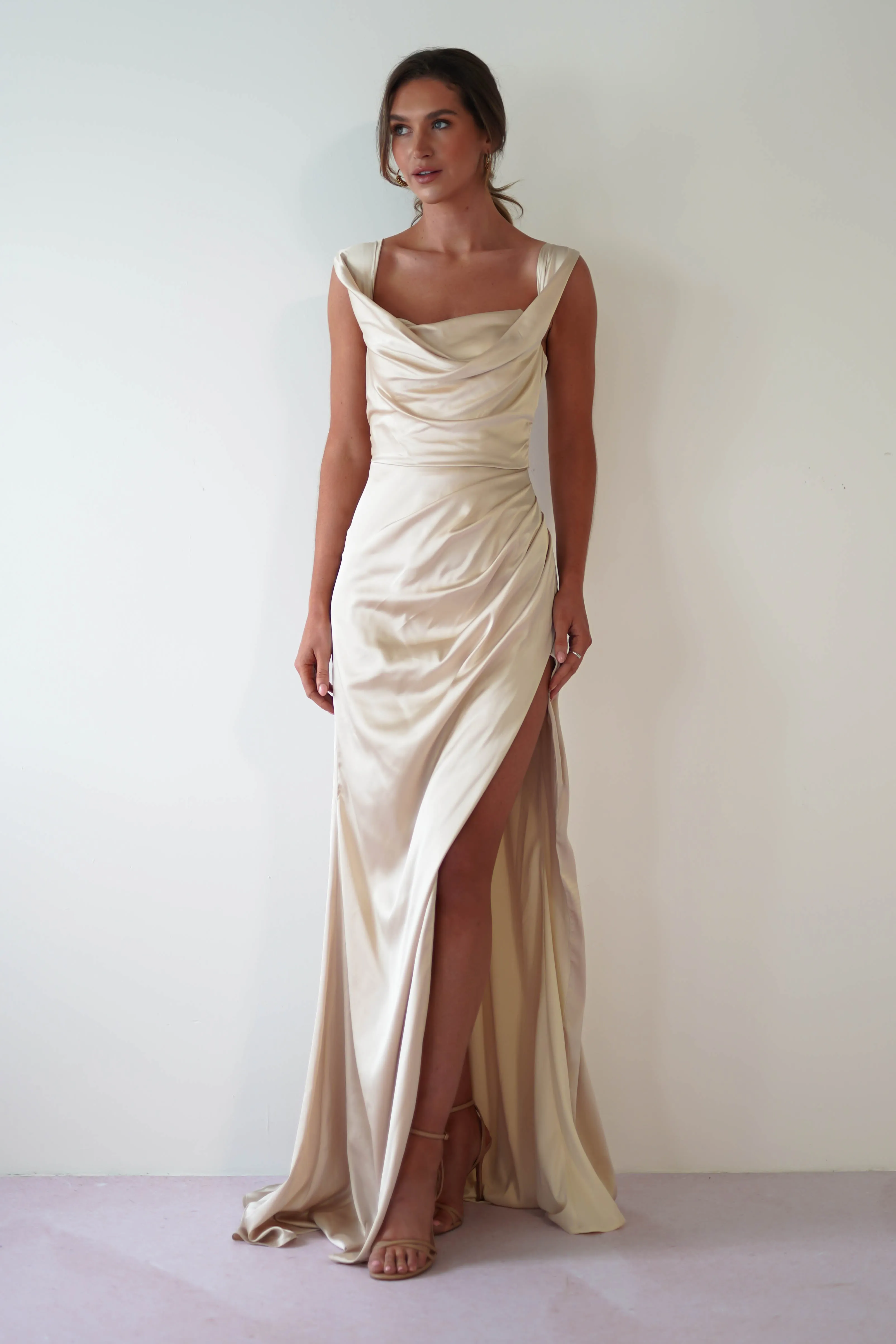 Beth Draped Silky Satin Gown | Champagne