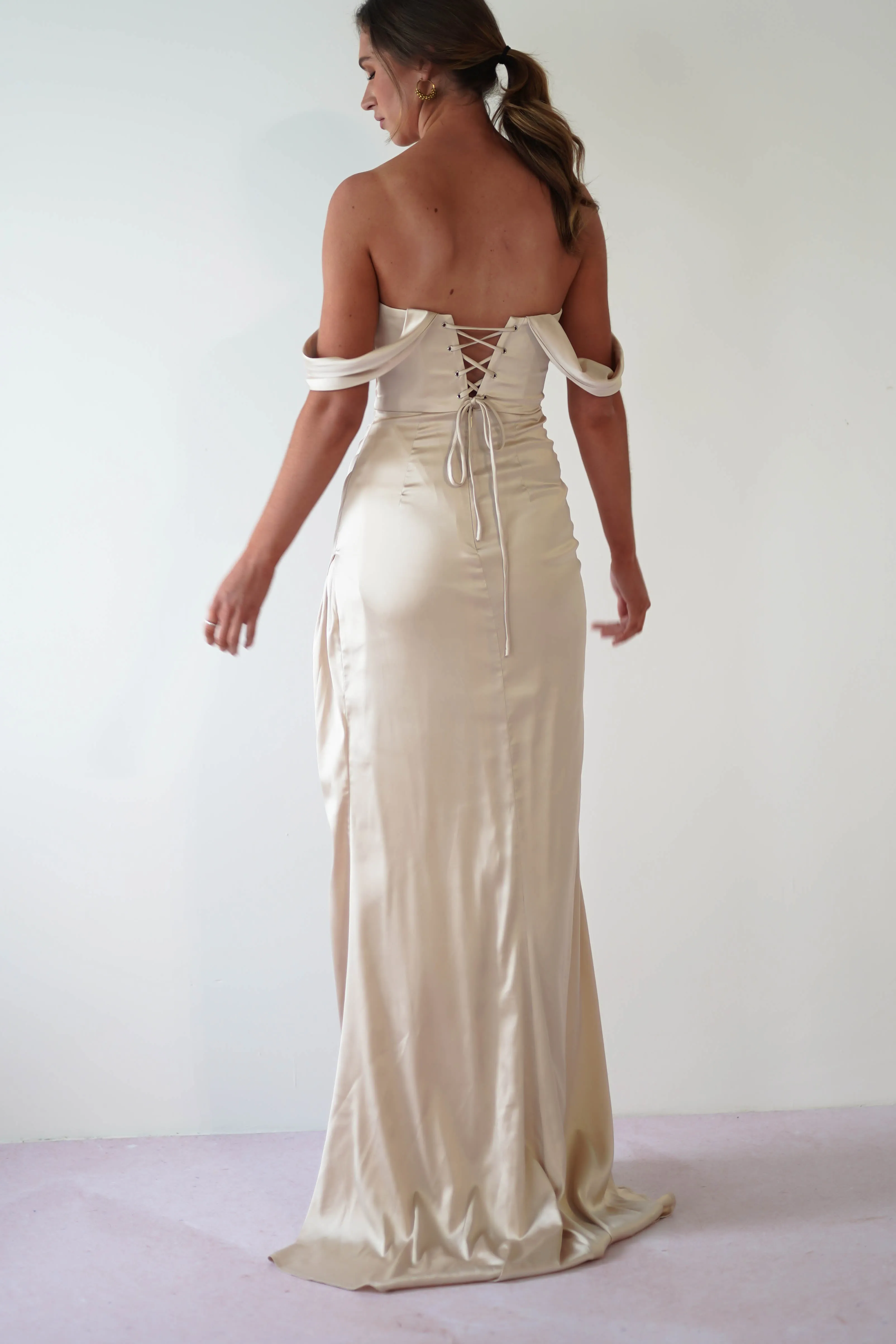 Beth Draped Silky Satin Gown | Champagne