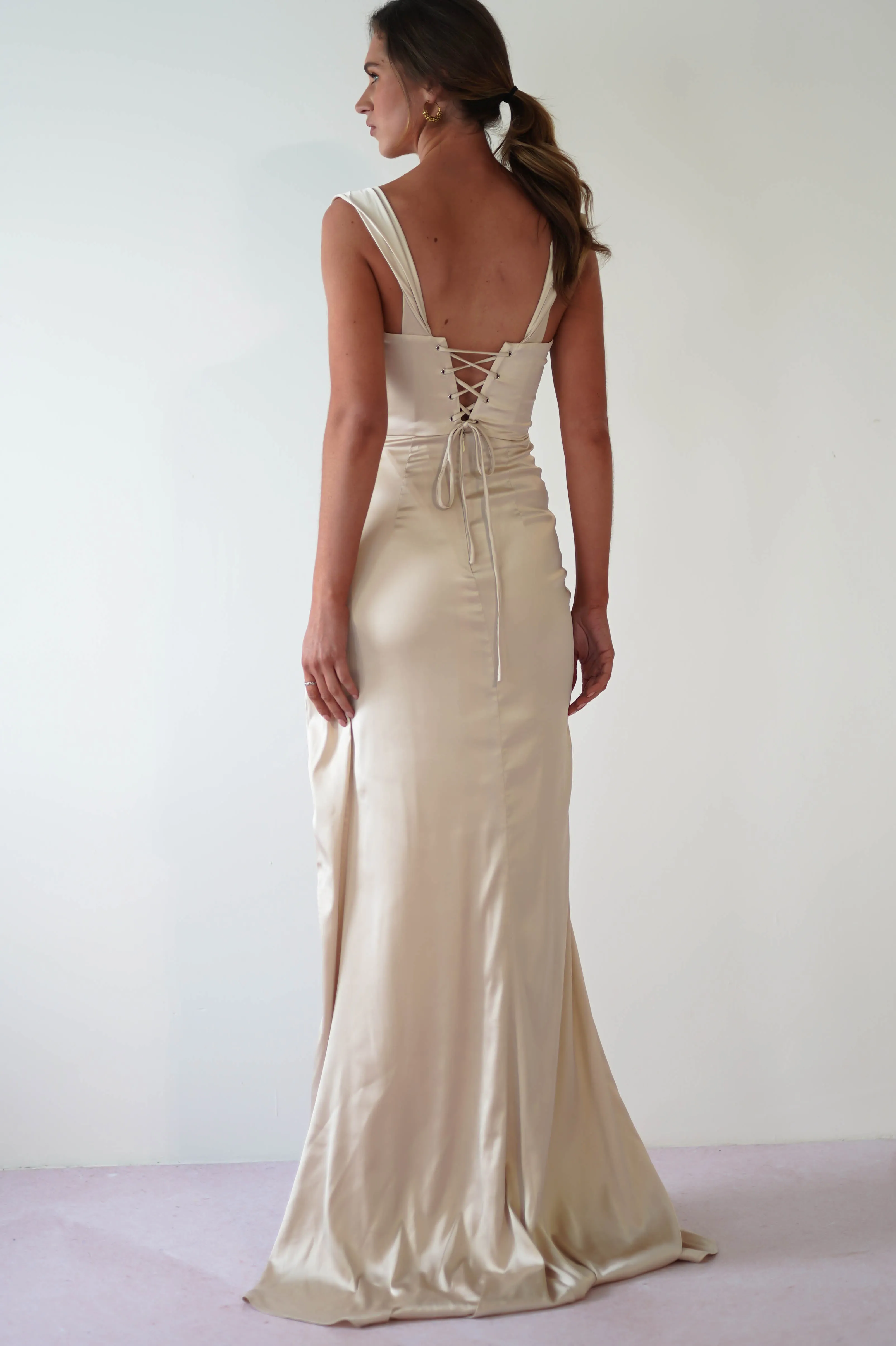 Beth Draped Silky Satin Gown | Champagne