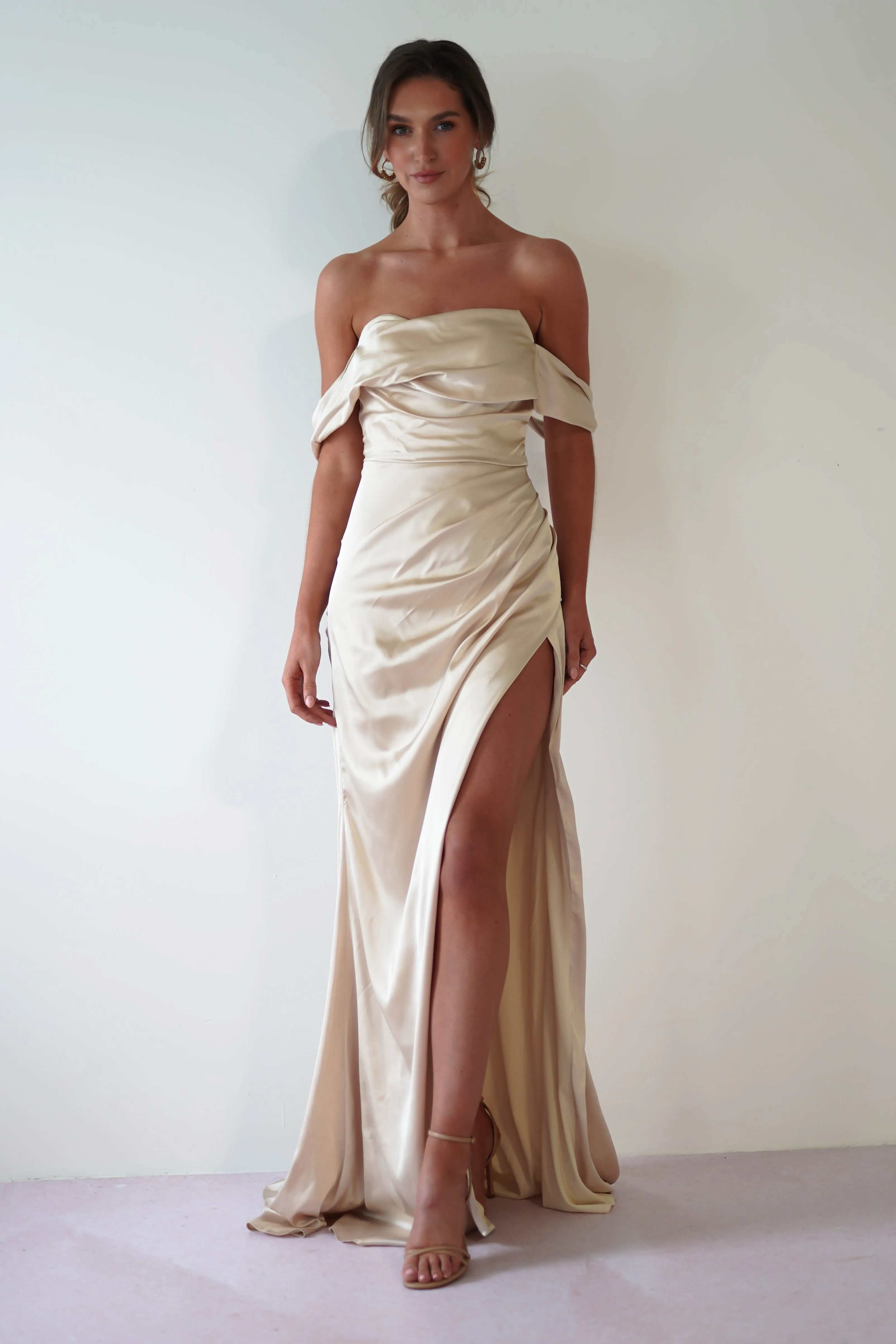 Beth Draped Silky Satin Gown | Champagne