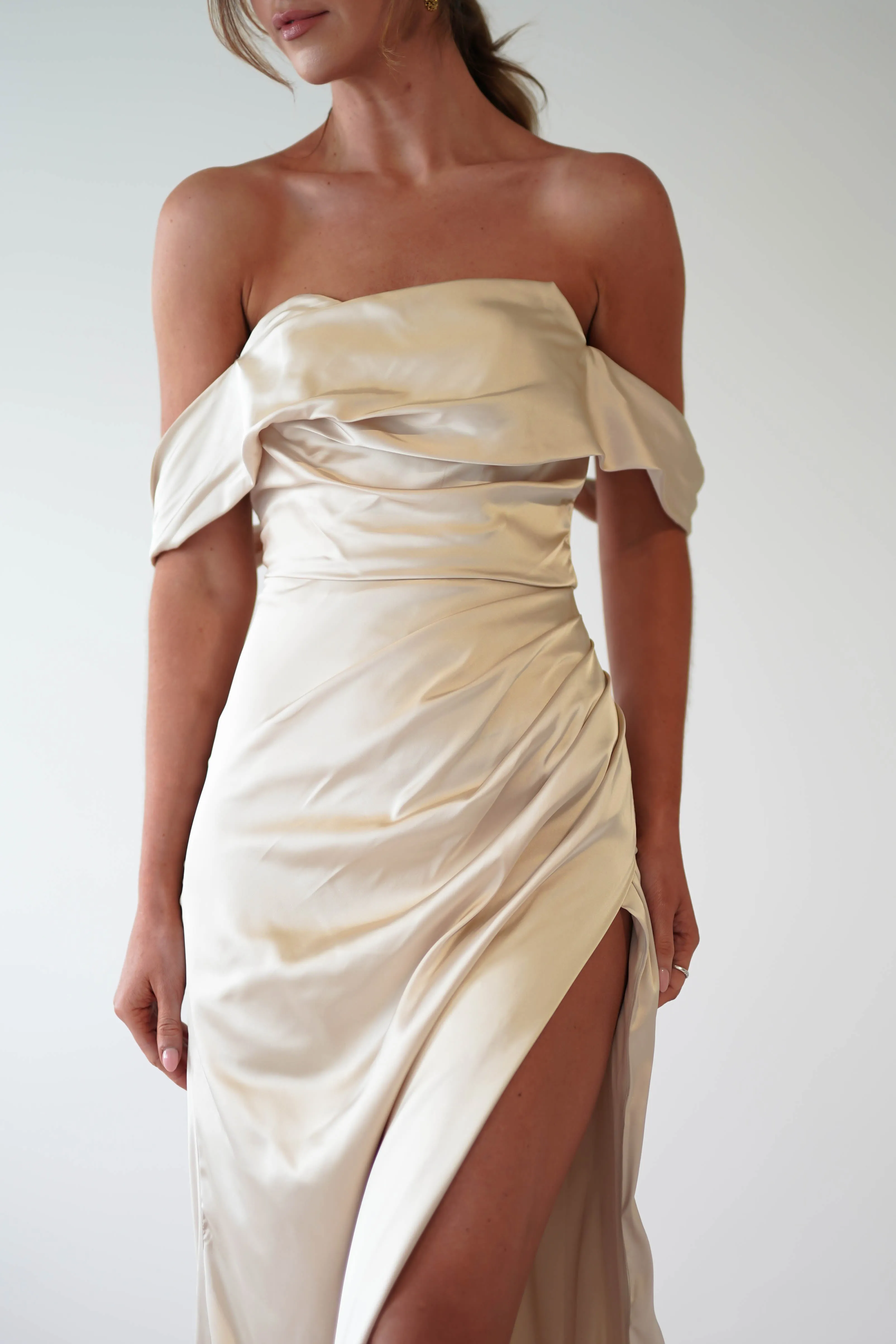 Beth Draped Silky Satin Gown | Champagne