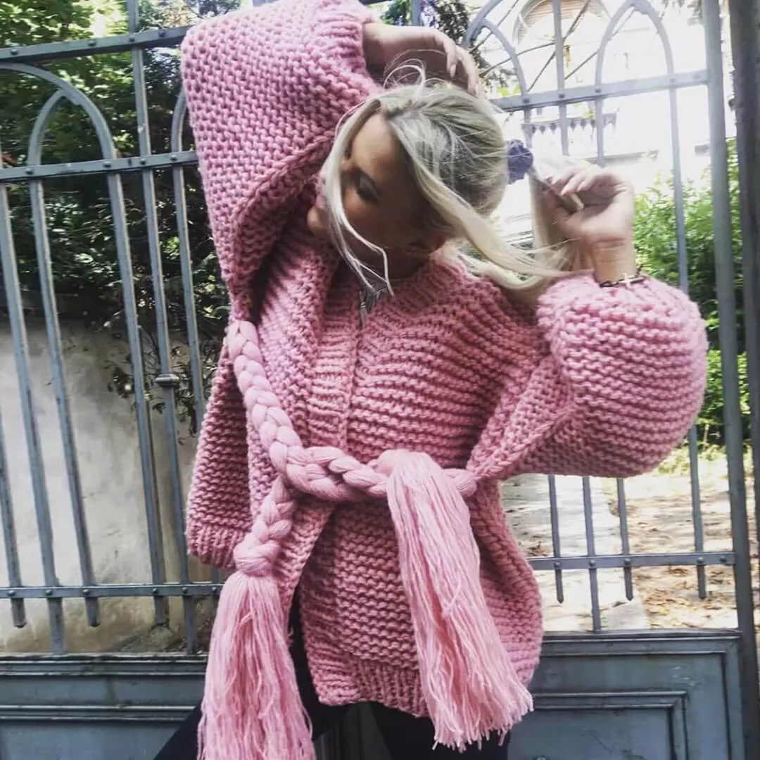 Bishop Sleeve Fringed Braided Belt Knit Sweater Cardigan - Pink