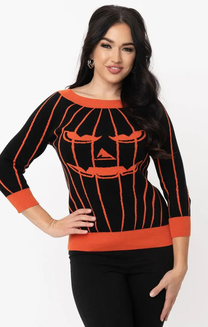 Black & Orange Striped Jack-o-Lantern Pumpkin Annaleigh Sweater