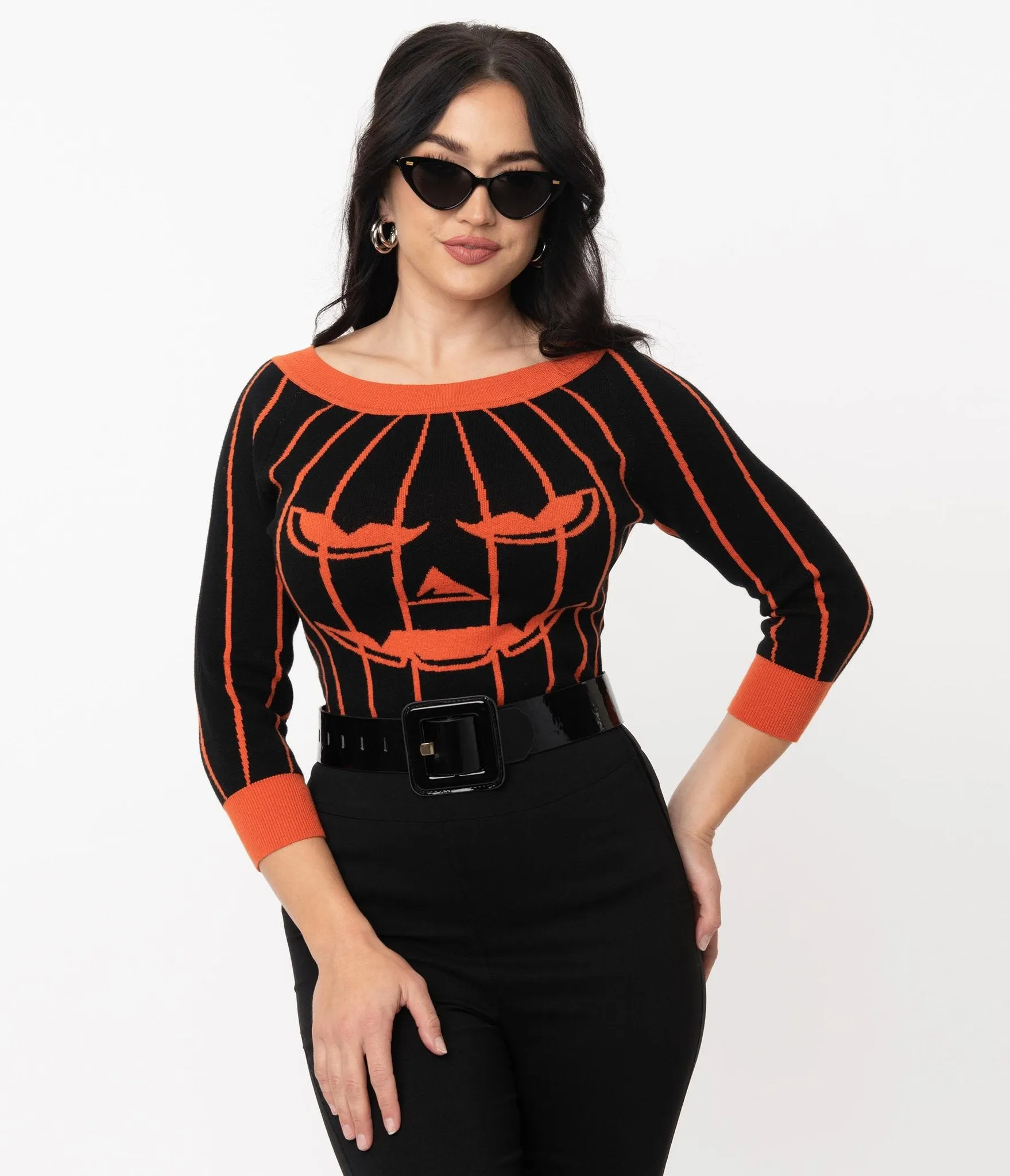 Black & Orange Striped Jack-o-Lantern Pumpkin Annaleigh Sweater