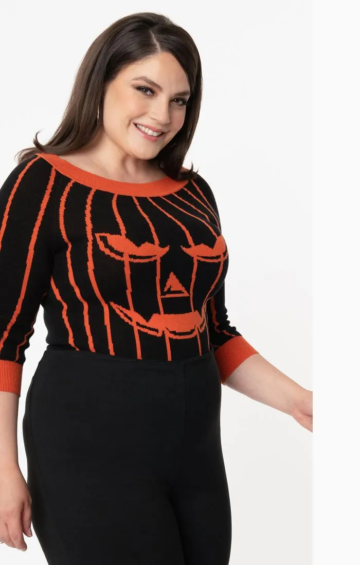 Black & Orange Striped Jack-o-Lantern Pumpkin Annaleigh Sweater