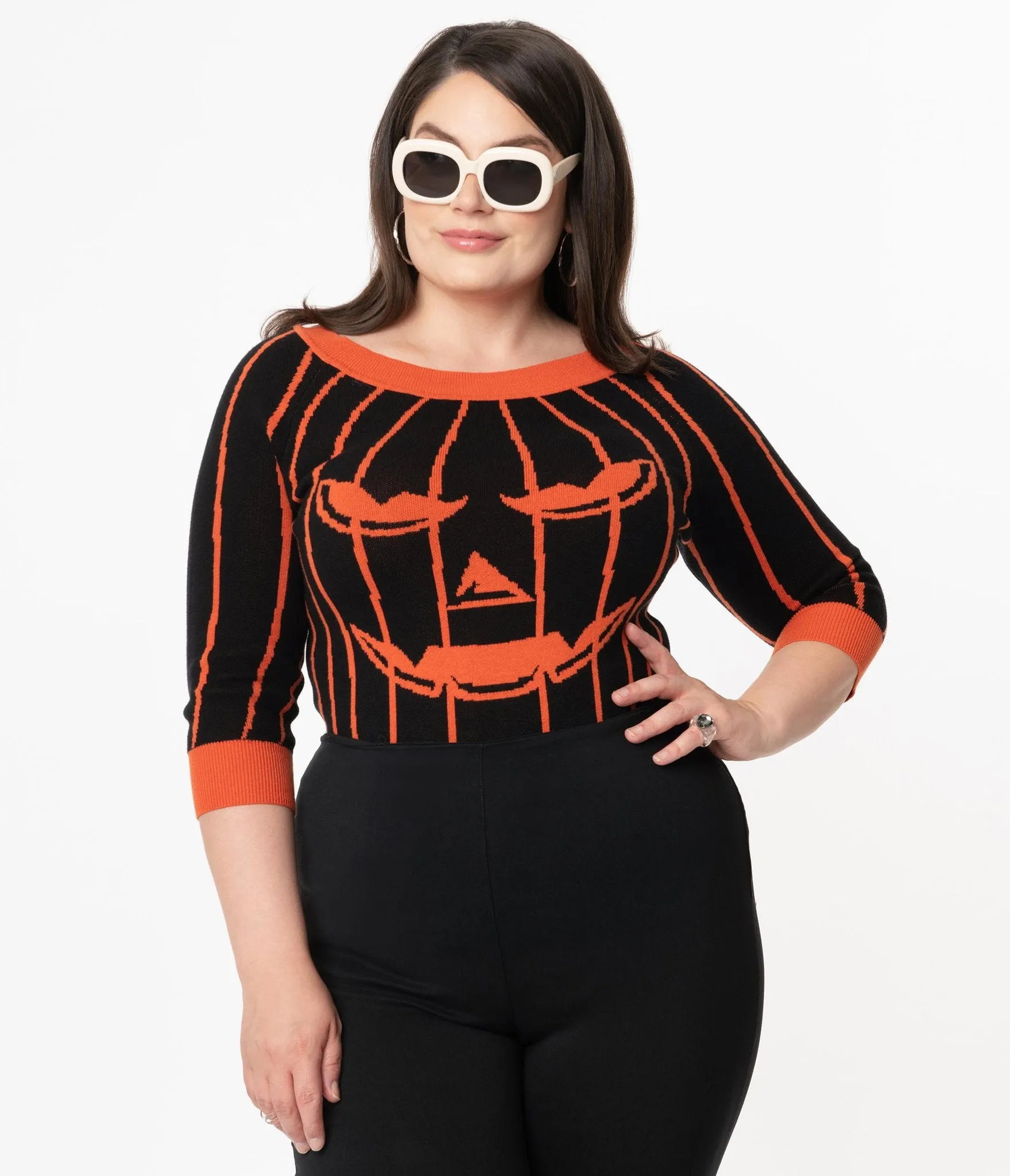 Black & Orange Striped Jack-o-Lantern Pumpkin Annaleigh Sweater