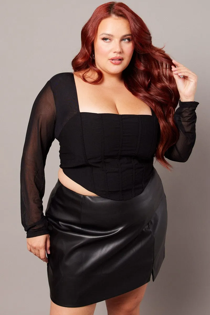 Black Corset Top Long Sleeve Mesh