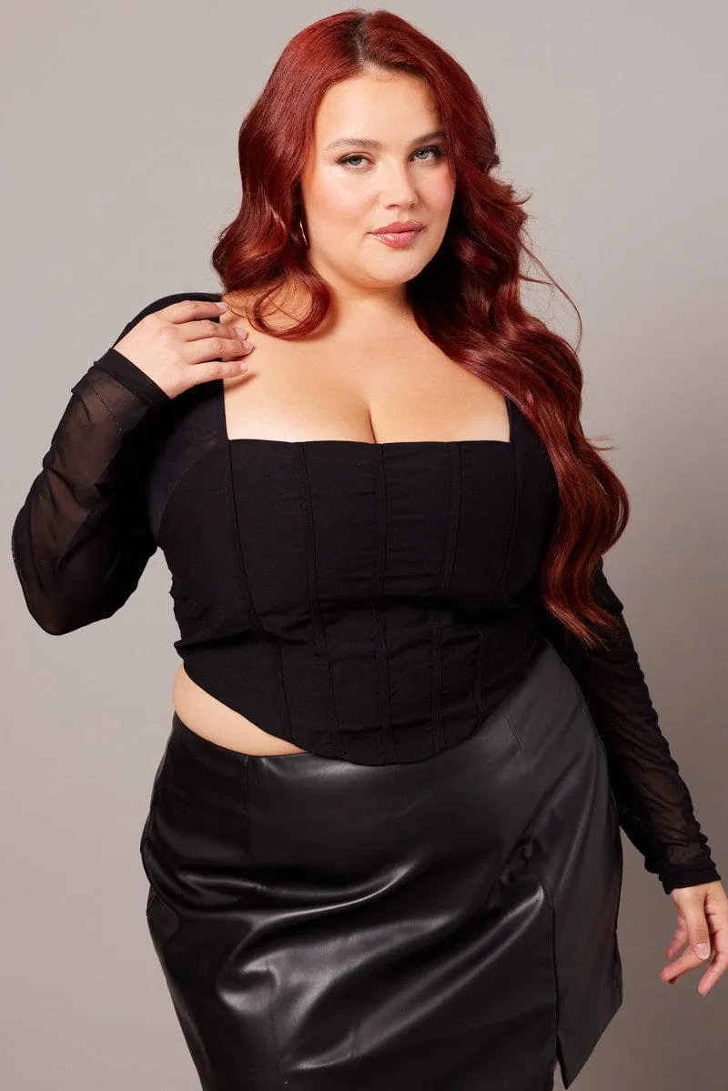 Black Corset Top Long Sleeve Mesh