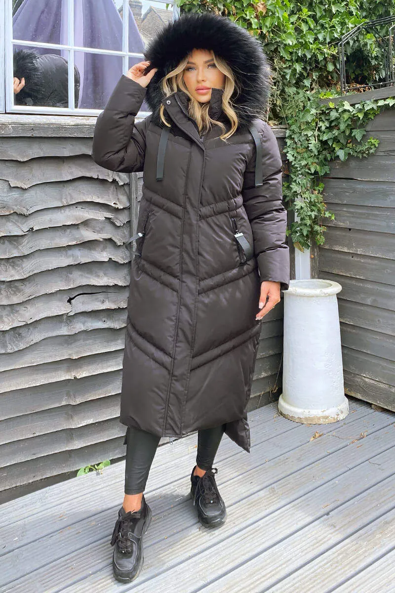 Black Faux Fur Trim Hooded Puffer Coat