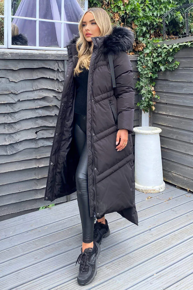 Black Faux Fur Trim Hooded Puffer Coat