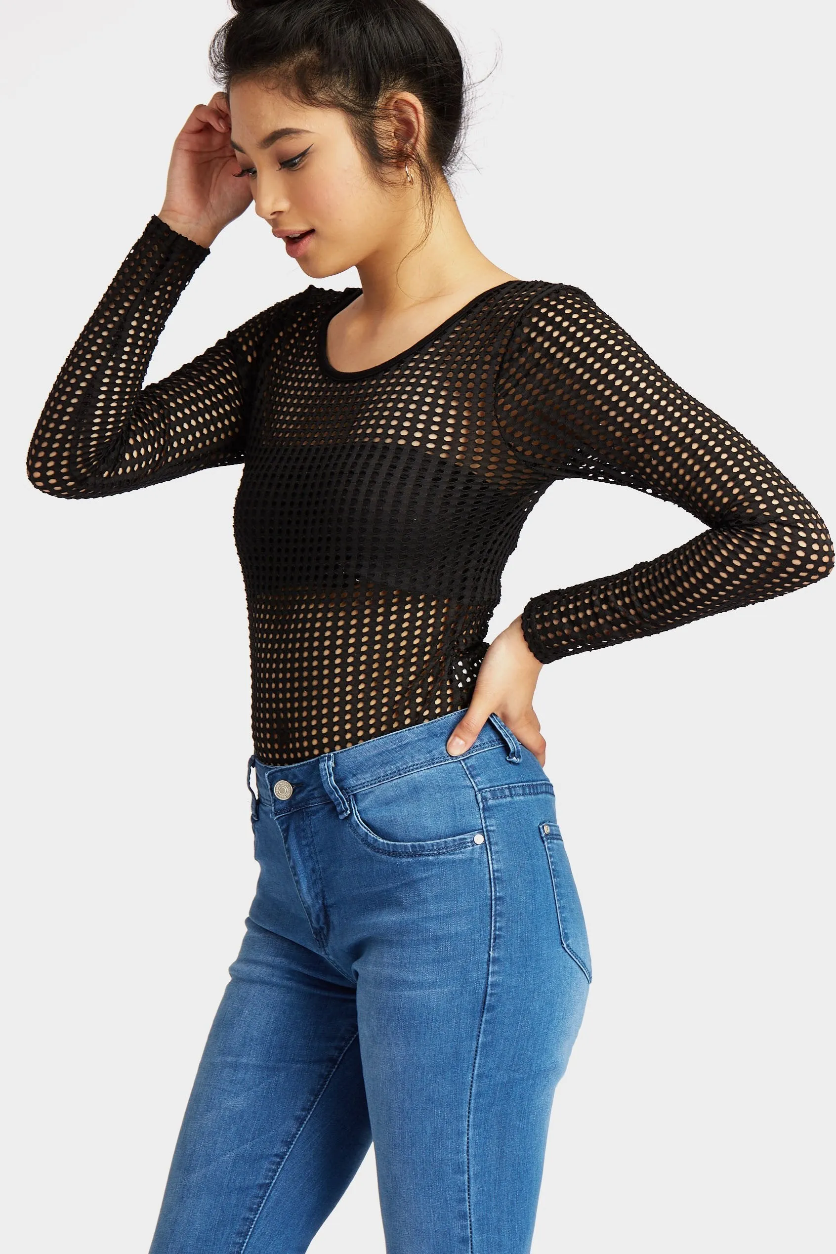 Black Jumbo Net Plunge V Neck Bodysuit