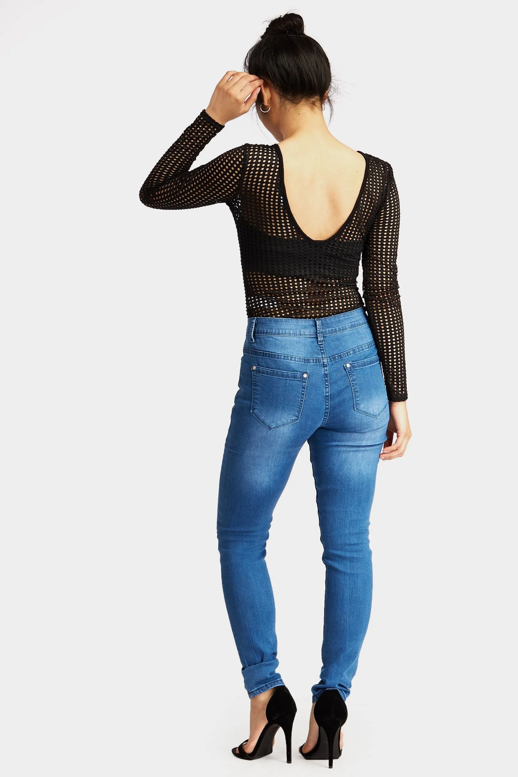 Black Jumbo Net Plunge V Neck Bodysuit