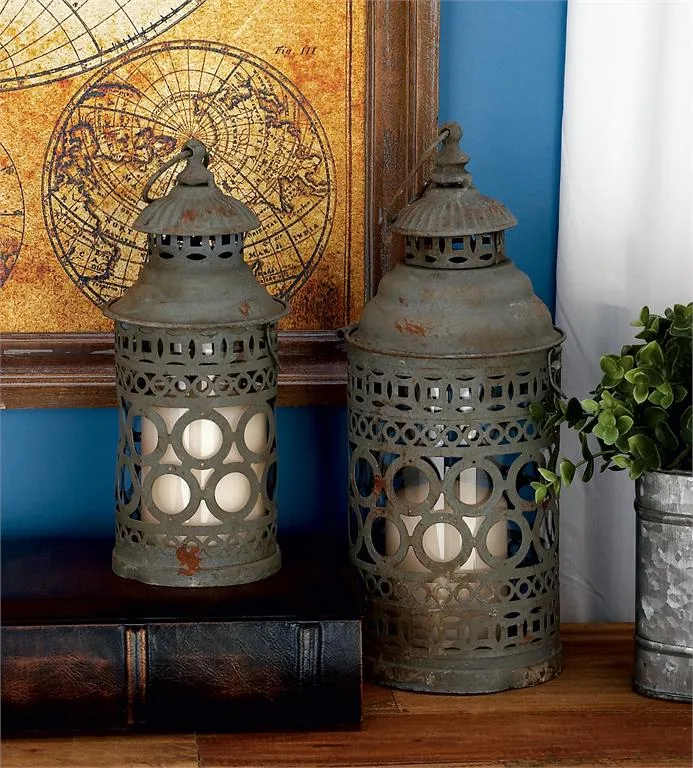 BLACK METAL CANDLE LANTERN WITH INTRICATE SCROLL WORK