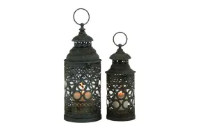 BLACK METAL CANDLE LANTERN WITH INTRICATE SCROLL WORK