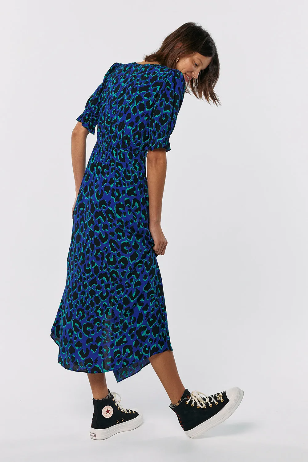 Blue with Green and Black Shadow Leopard Flute Sleeve Midi Tea Dress