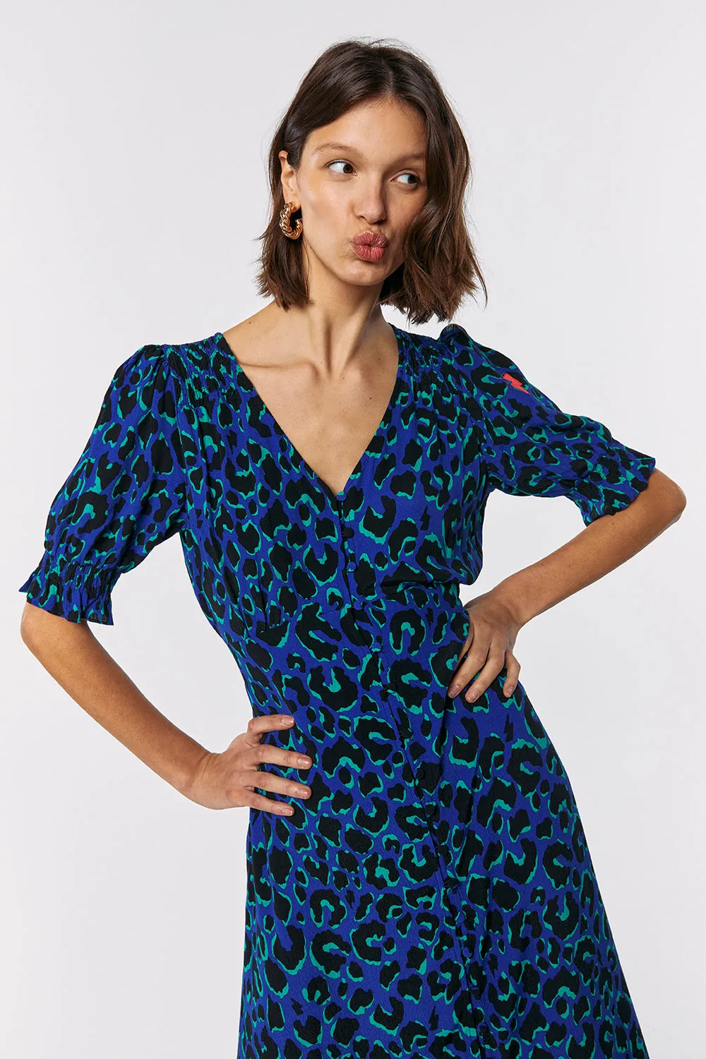 Blue with Green and Black Shadow Leopard Flute Sleeve Midi Tea Dress