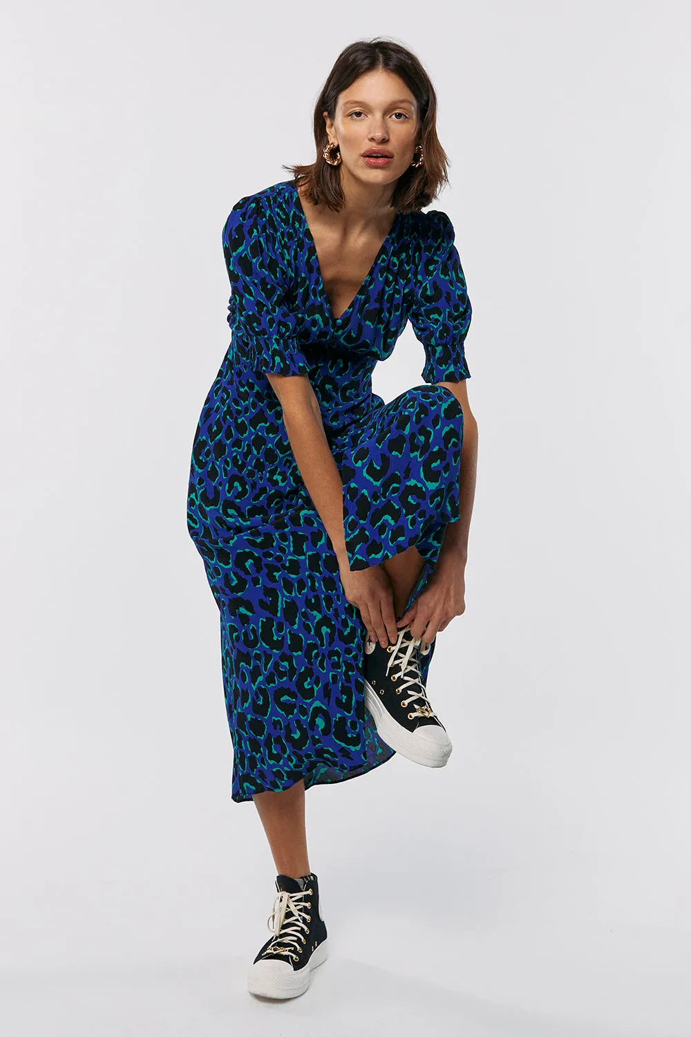 Blue with Green and Black Shadow Leopard Flute Sleeve Midi Tea Dress