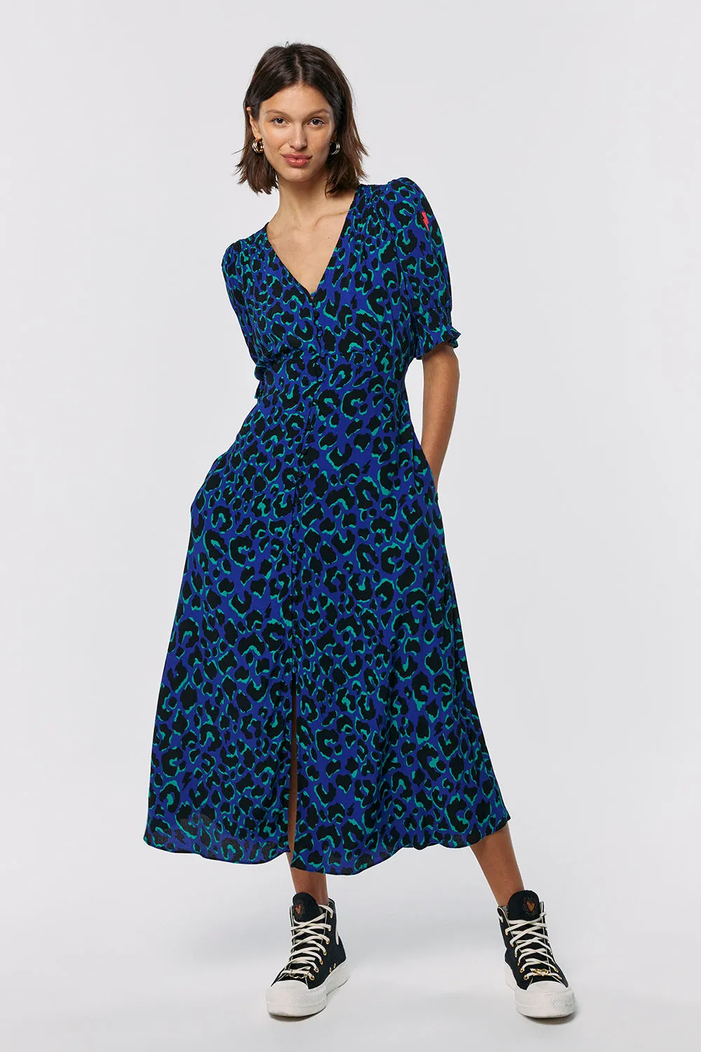 Blue with Green and Black Shadow Leopard Flute Sleeve Midi Tea Dress