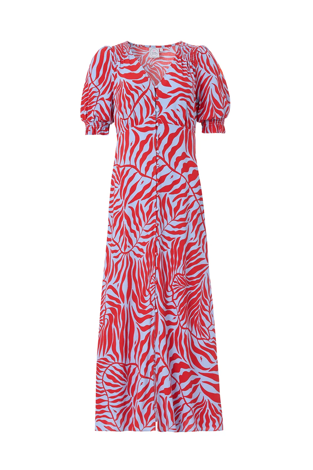 Blue with Red Palm Flute Sleeve Midi Tea Dress